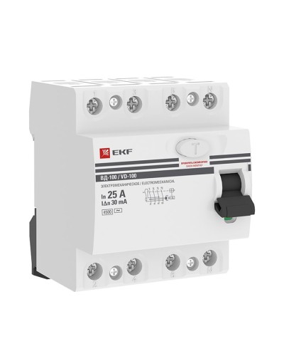 УЗО ВД-100 4P 25А 30мА тип AC эл-мех  PROxima (elcb-4-25-30-em-pro). Выключатель дифференциального тока (УЗО). EKF в Самаре