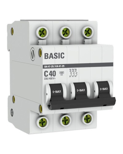 Автоматический выключатель 3P 40А (C) 4,5кА ВА 47-29 Basic (mcb4729-3-40C). Автоматический выключатель. EKF в Самаре