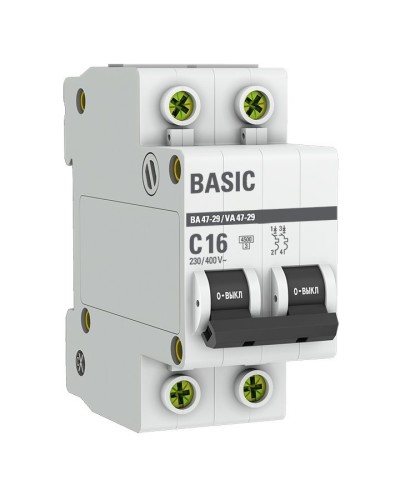 Автоматический выключатель 2P 16А (C) 4,5кА ВА 47-29 Basic (mcb4729-2-16C). Автоматический выключатель. EKF в Самаре